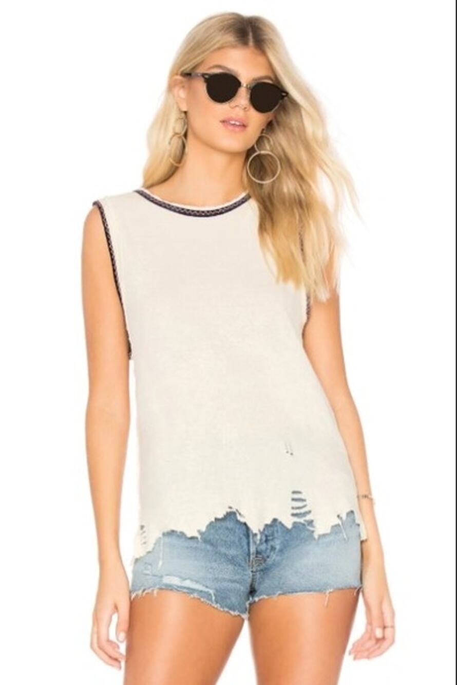 Free People We The Free Vintage Ringer Muscle Tank Top Distressed Cream Blue